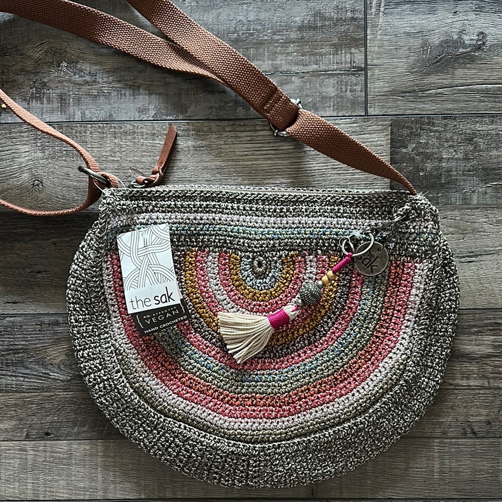 The Sak Multicolor Crochet Crossbody Bag with Tan Strap
